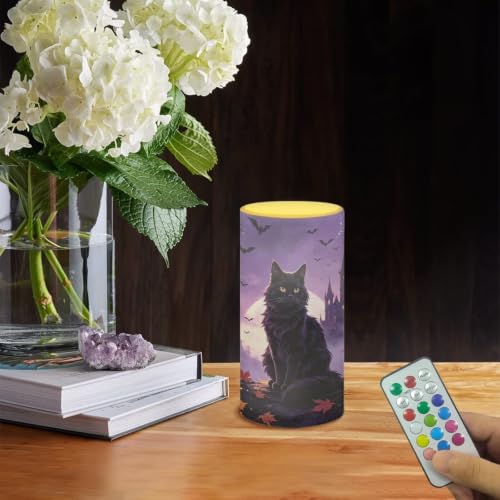 Image of Poceacles Flameless Light Candles Battery Operated Candles with Color Changing Timer Remote Control Tealights for Halloween Dinner Party Decor, Violet Black Cat Maple Bat Print