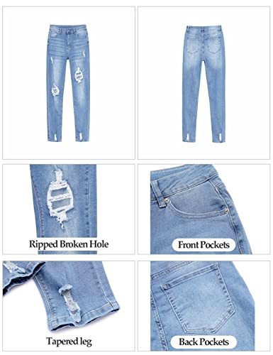 Vetinee Women's Blue Tides High Rise Destroyed Boyfriend Tapered Jeans Washed Distressed Ripped Broken Holes Casual Denim Pants Size X-Large #TOP5