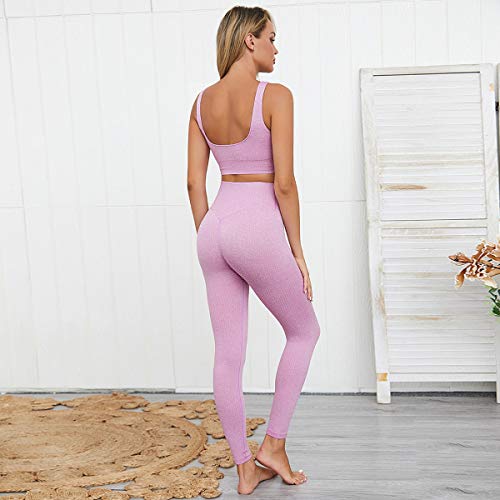 OLCHEE Women\'s 2 Piece Tracksuit Workout Outfits - Seamless High Waist Leggings and Long Sleeve Crop Top Yoga Activewear Set - Purple Size M - Thumbnail 4