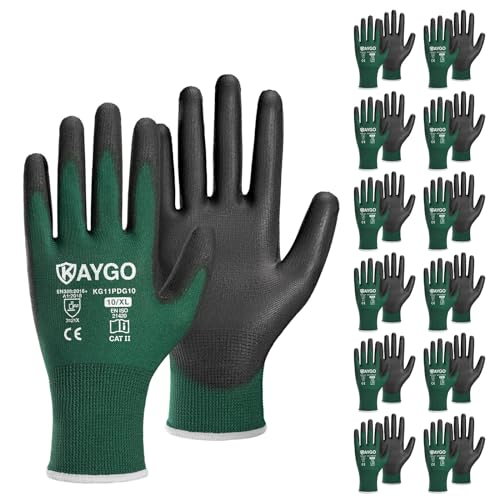 Image of KAYGO Safety Work Gloves for Men Women, PU Coated Palm & Fingers, KG11P | Smooth Grip, Breathable & Lightweight, 13-Gauge Seamless Knit, for Light Warehouse, Manufacturing, Gardening