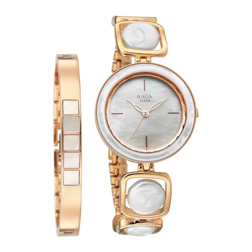 Image of Titan Raga Power Pearls 2.0 with Quartz Analog Mother of Pearl Dial Rose Gold Brass Strap Watch for Women - 95250WM02F