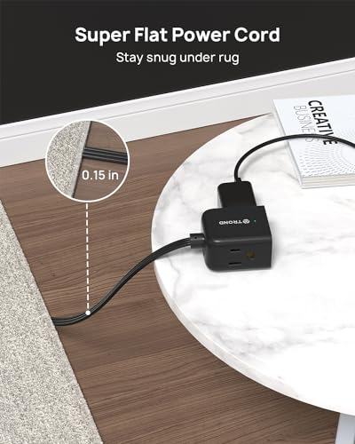 Image of TROND Flat Extension Cord 10ft - Left Angled Flat Plug Power Strip, 3 Grounded Plug Extension Outlets, Three Prong, SPT 16 /3 Gauge Power Cable, 13 Amps, Compact for Indoor Home Office Kitchen, Black