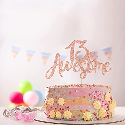 Image of FestikoRose Gold Glitter 13 Awesome Cake Topper - Official 13 Teenager -13 & Fabulous - Boy /Girl 13 Years Old - Happy 13th Birthday Party Decoration
