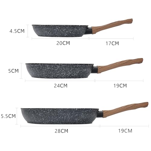 wellhouse 3PCS Non Stick Frying Pan Set Saute Fry Pan Granite Skillet Egg Omelette Pans Heat-Resistant Handle Nonstick Pots and Pans Cookware Set including Wood Detachable Handle - Image 2