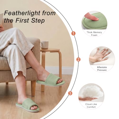 Image of Women's Open Toe House Slippers - Breathable Waffle Fabric, Memory Foam Cushioning, Slip-On Summer Indoor Slippers, Non-Slip TPR Sole, Easy Care