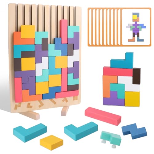 Bloques Geométricos Tetris, Tetris Puzzle 3D Madera, Juego Rompecabezas con 42 Colorido Bloques Geométricos y 10 Tarjetas, Juguetes Montessori Niños 3 4 5 6 Años,Cerebro Juguete, Stem Educativo Regalo