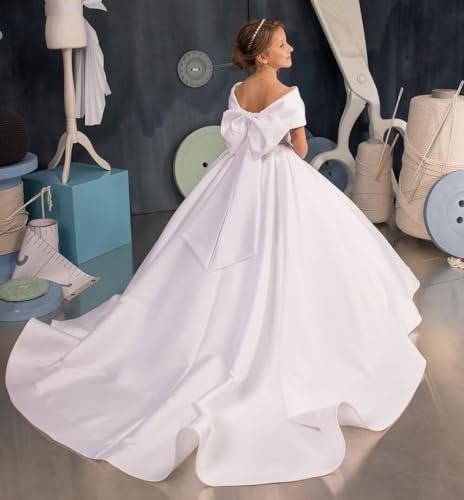 Jisisang Off Shoulder Flower Girl Dress For Teens Girls Wedding Guest Junior Bridesmaid Formal Communion Dress White Big Girl Floor Length Pageant Dress Prom Ball Gowns With Bow Knot Size 10 thumb #3