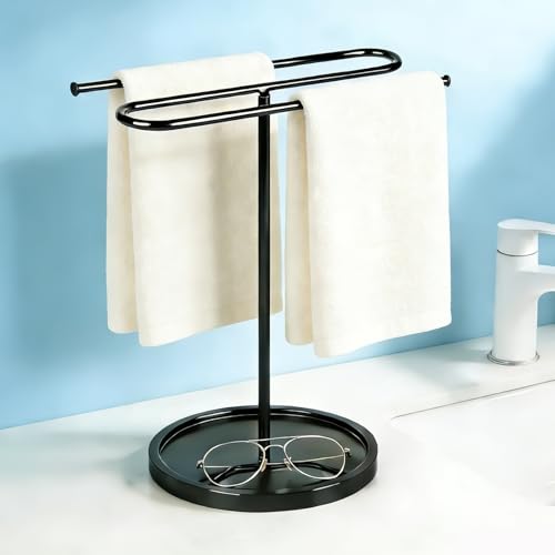 Free Standing Towel Rack for Bathroom Countertop - Upgraded S-Shaped Hand Towel Holder Stand 14 Tall Rustproof Pedestal Towel Hanger for Vanity Kitchen & RV Heavy Duty Non-Slip Base Black