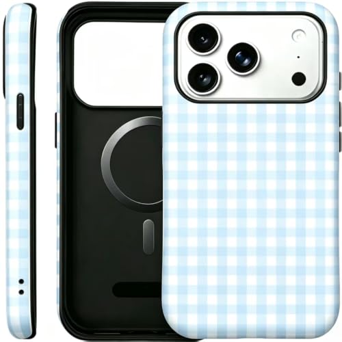 Image of for iPhone 17Pro Case Cute Phone Case,Compatible with MagSafe,Dual Layer Shockproof Protective Phone Cover,Hard Shell + Silicone Cover,Fashion Design for Women Girls,Blue and White Plaid