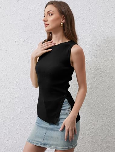 Image of Women Asymmetrical Button Sweater Vest Sleeveless Side Split Rib Knit Slim Fit Sweater Tank Top Summer Pullover Top