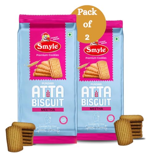 Smyle | Punjabi Atta Biscuits | 600G Combo Offer (Meetha) | Whole Wheat Biscuits | Healthy Digestive Atta Cookies | Net Weight 300G Per Tray (Pack Of 2 Trays)