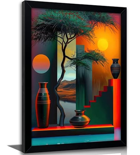 Black Framed African American Canvas Wall Art Africa Modern Painting Picture Wall Decor Afrocentric Tree And Vase Poster Print Artwork for Living Room Bedroom Office Home Decoration