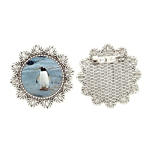 Broche de plata Antártico de pingüino y flor tallado a mano con detalles de naturaleza