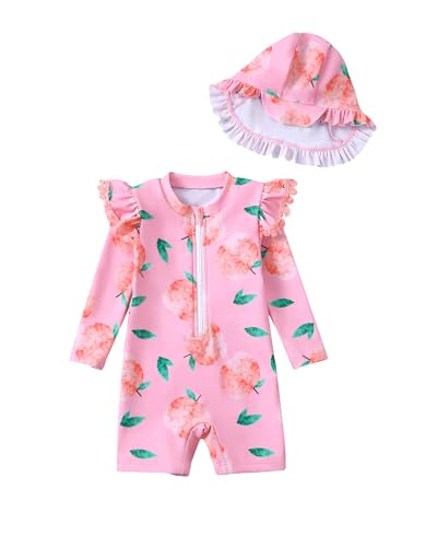 Image of Toddler Girl Swimsuit Baby Girl Bathing Suit Long Sleeve Floral Zipper One-Piece Rash Guard Swimsuit with Hat