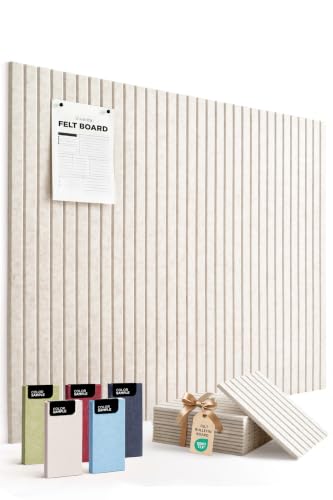 VIVELDA Large Felt Bulletin Board 48 x 36 Inch - 12-Pack Square Acoustic Wall Panels, Cork Board Alternative, NRC 0.95, Damage-Free Adhesive, Slatted Design for Home, Classroom (Limestone)