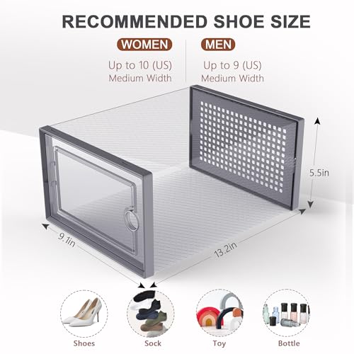 Image of Kuject 12 Pack Large Shoe Boxes, Clear Stackable Containers with Lids,Grey | Shoe organizers for closet & entryway, under-bed,Drop-front design fits women's size 10