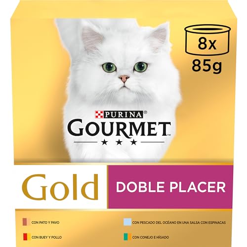 Purina Gourmet Gold Doble Placer, Comida Húmeda para Gato Pack Surtido, 12 packs de 8 latas de 85g - 96 latas