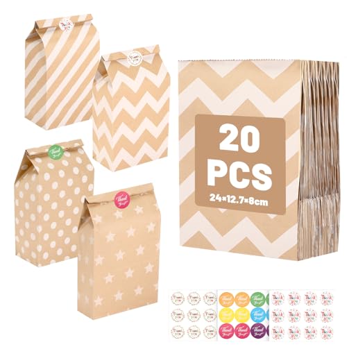 Ledebouk 20 Piezas Bolsas de Papel Kraft para Regalos con 24 Pegatinas, Bolsas de Regalo, Bolsas Dulces para Chuches,Bodas, Cumpleaños, Fiestas y Regalos
