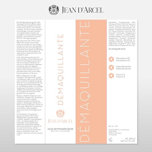 JEAN D’ARCEL DÉMAQUILLANTE huile nettoyante riche – Beruhigendes Reinigungsöl für eine gereinigte Haut – Mit Macadamia-Öl – Rich Oil Cleanser – 200 ml