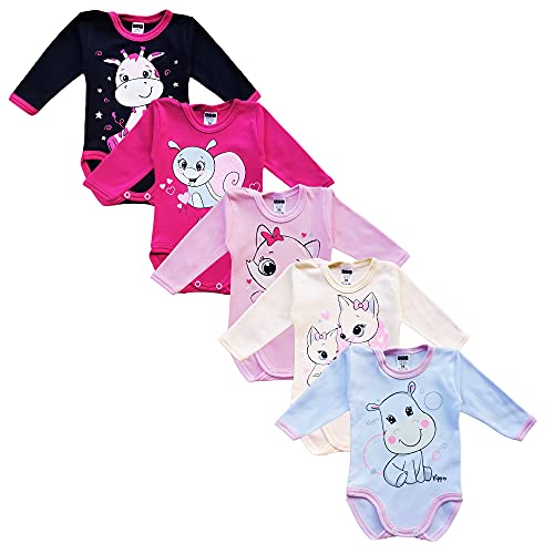 MEA BABY Unisex Baby Langarmbody 5er Pack aus 100% Baumwolle mit Aufdruck – für Mädchen & Jungen, Größe 80 (Mädchen 3)