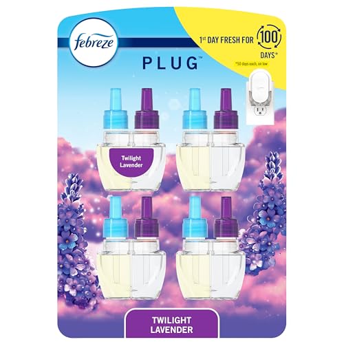 Febreze Plug In Air Freshener Odor-Fighting Scented Oil Refill Air Fresheners for Home and Bathroom and Kitchen Long Lasting for Strong Odors Twilight Lavender Scent 0.87oz Refills 4 Count