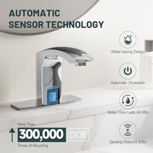 Image of Touchless Bathroom Sink Faucet, Greenspring Automatic Sensor Faucet, Hands Free Vanity Faucets, Commercial Deck Mount Bathroom Faucet with Cover Plate, Chrome