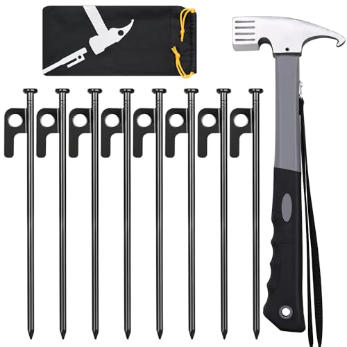 Tent Stakes and Hammer Set, 8 Pack 8in Heavy Duty Forged Steel Tent Stakes + 12in Heavy Duty Camping Hammer + Storage Pouch, Available in Rocky Place
