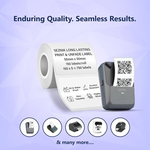 Image of SEZNIK Waterproof, Non-Tearable, Sticky Thermal Lables, Label Roll, 2 inch Adhesive Thermal Labels for Label Printers (50mmx50mm - 750 Lables), 150 Labels