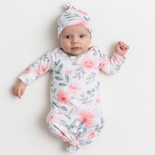 MVUOCR Newborn Baby Girl's Knotted Gowns Floral Baby Sleeper Infant Nightgowns Gift and Soft Coming Home Outfit with Hat2
