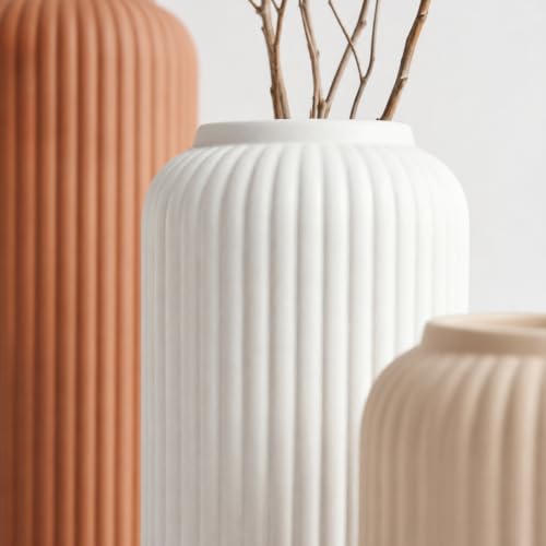 Image of KREATIVE ART'S Ribbed Ceramic Flower Vase Set of 3 -Earthly Tone | Ceramic Vases for Home Decor, Home Decor Items for Living Room, (Terracotta, White & Nude Beige Vases -Set of 3 pcs)