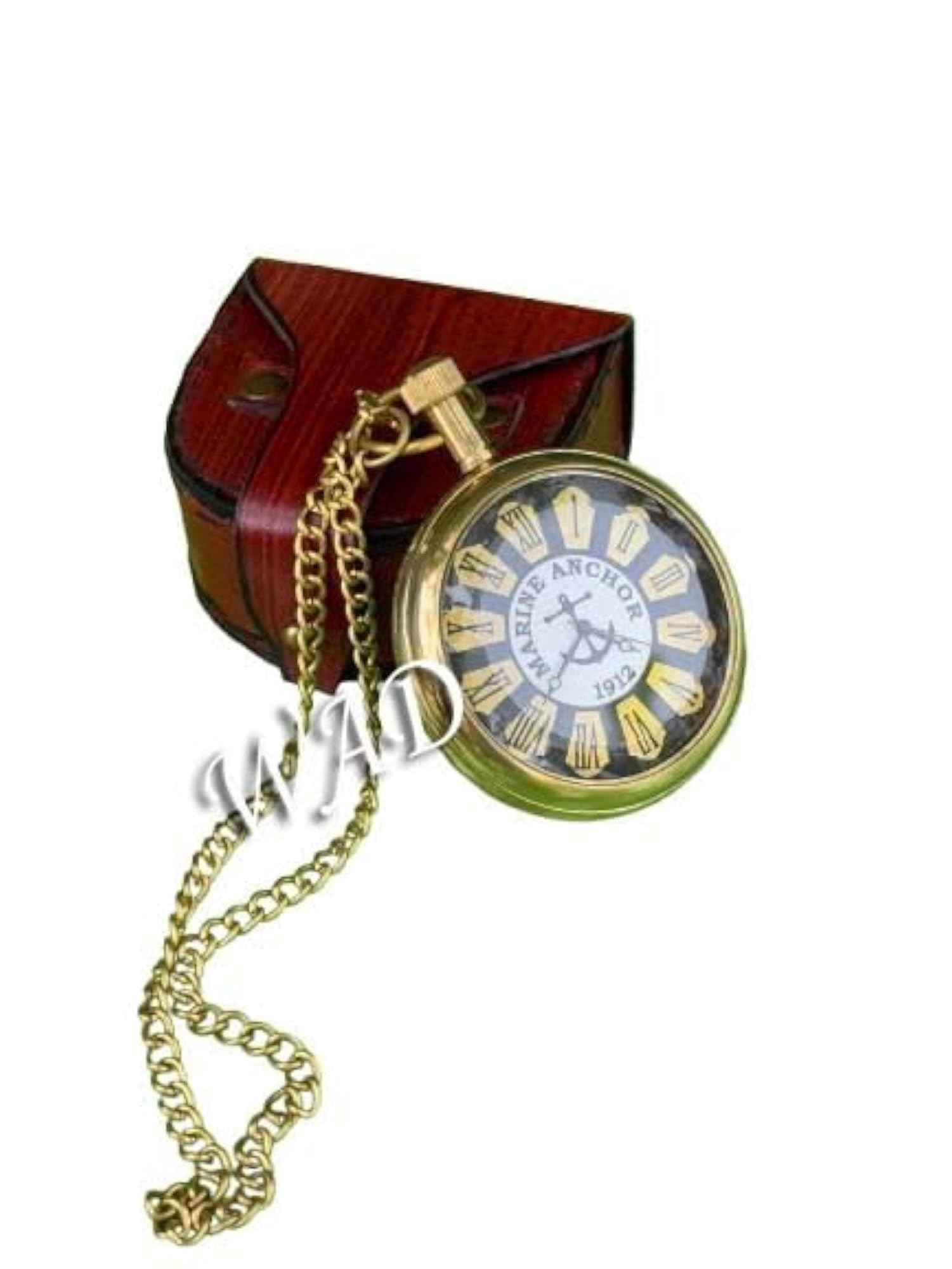 Classic Maritime Brass Pocket Watch with Roman Dial & Vintage Leather Case
