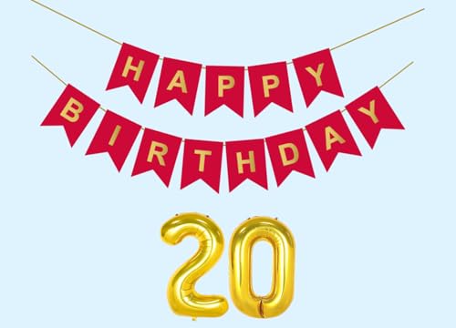 Image of 20th Happy Birthday Decoration Kit Red for 20 year Old Boys Girls Teenage with Number Twenty Party Decorations Decor Celebration Items Item Set Combo Reusable Paper Banner