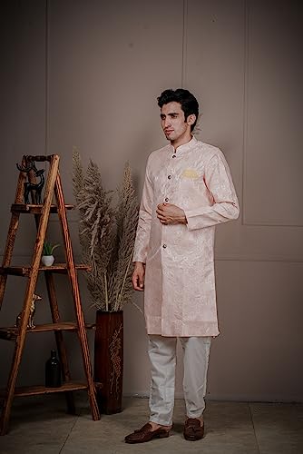 Image of Amzira Men's Soft Cotton Indo Western Kurta Pyjama Set with Mandarin Collared Neck Long Sleeves Button Closure and Solid Pant