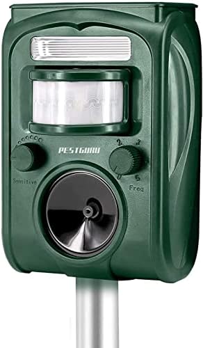 PESTGURU Solar Animal Repeller, 2022 Ultrasonic Mole Repellent, Rat, Squirrel, Deer, Raccoon, Skunk, Rabbit, Mole, Dog, Cat, Waterproof with Motion Detector, USB Rechargeable, Flashing Light (Green)
