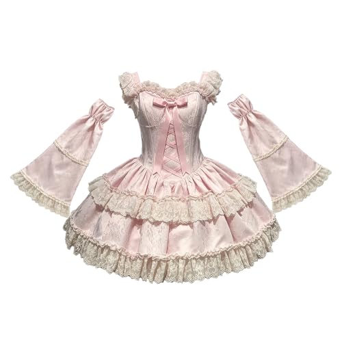 [MODKOKU] ロリータ OP ワンピース 2Way レディース フラッタースリーブ 取り外し可能な 袖 花嫁風 レースアップ リボン レース フリル dress 洋服 宮殿風 森ガール ティアード アイドル 衣装 ロリィタ 仮装 Lolita 長袖 (ピンク（2点セット）, S) [並行輸入品] - MODKOKU - 商品画像