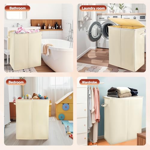 Voova 154L Double Laundry Hamper with Lid and 2 Removable Laundry Bags, Large Collapsible 2 Dividers Dirty Clothes Basket with Handles for Laundry Room, Bedroom, Bathroom, College Dorm, Beige - Image 6
