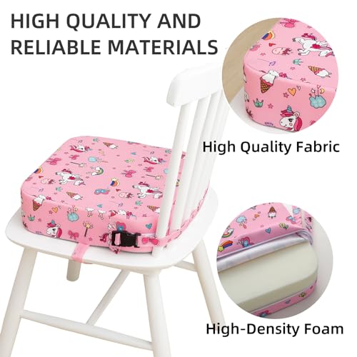 Eiury Toddler Booster Seat for Dining Table, Portable Kids Booster Seat with Safety Buckles Portable Increasing Booster Cushion with Non-Slip Bottom (Pink Unicorn)