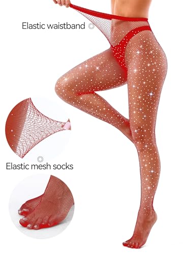 Image of VEBZIN Sparkly Fishnets Stockings High Waist Fishnet Tights for Women | Rhinestone Design, Sparkly Glitter Effect, Reinforced Toe, High Stretch, Everyday Wear, Rave Party Concert Festival Outfits