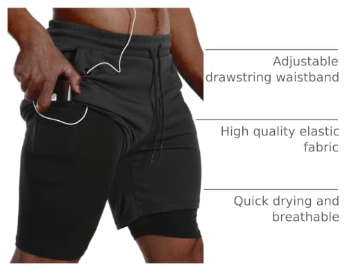JWJ Mens 2 in 1 Running Shorts Quick Dry Gym Athletic Workout Clothes with Side Pockets