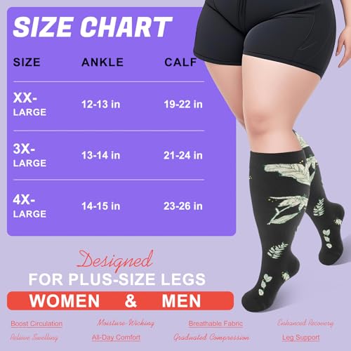 Image of 4 Pairs Plus Size Compression Socks,Extra Wide Calf 20-30 mmHg Knee High Compression Socks for Men Women Circulation