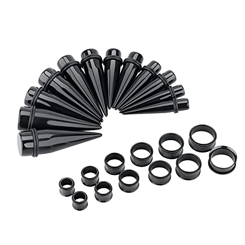 24PC Ear Stretching Kit 00G-20MM Big Gauges-Acrylic Taper Surgical Steel Tunnels Plugs EarTaper Stretching Kit-Piercing gauge Stretching Expander (Black-Black)