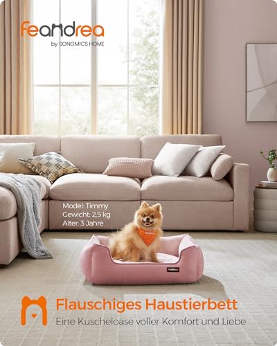Feandrea Hundebett, Hundekissen in Leinenoptik, Hundekorb, erhöhte Ränder, rutschfeste Unterseite, Bezug abnehmbar waschbar, M, für kleine Hunde, 70 x 55 x 21 cm, pastellrosa PGW010R01