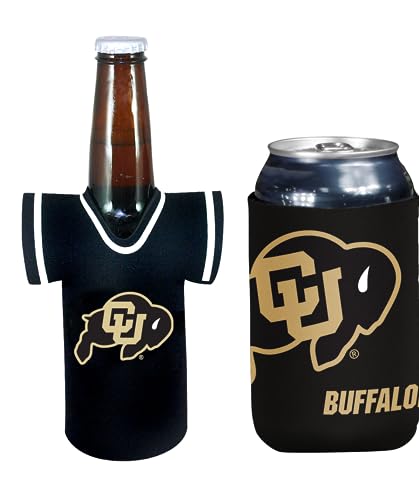 College Team Color Logo Can & Bottle Holder Insulator Beverage Cooler Set (Colorado Jersey/Logo (Buffaloes))