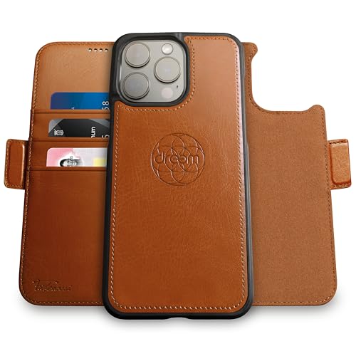 Image of dreem Fibonacci Compatible with iPhone 14 Pro Wallet case / 2-in-1 Shockproof case and Detachable Vegan Leather Folio, MagSafe Compatible, RFID Protection [Caramel]
