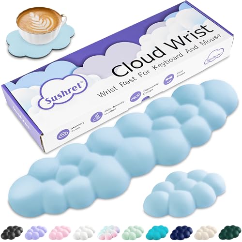 Sushret Cloud Wrist Rest Keyboard, Cloud Keyboard Wrist Pad Set with PU Leather Memory Foam, Cute Arm Rest for Palm Support, PC/Gaming Desk Accessories/Office Setup/Computer Hand Cushion - Blue
