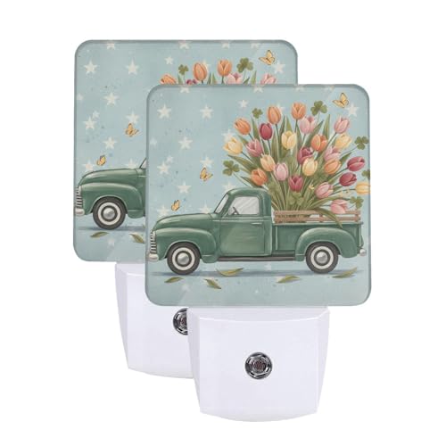Image of Futterya Plug-in LED Night Light, Vintage Truck Tulip Spring Floral Set of 2 Dusk-to-Dawn Auto Sensor Decor Lamp