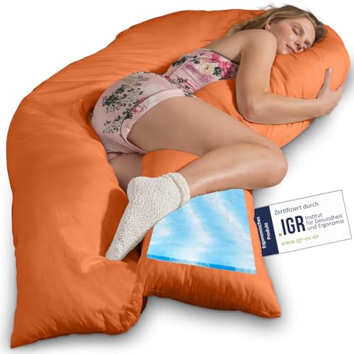 Traumreiter Seitenschläferkissen Visco XXL mit Bezug Baumwolle Terracotta, Hybrid Kissen +1cm Memory Foam Schwangerschaftskissen U Form Gel Komfortkissen Ergonomie Zertifiziert