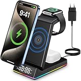 Chargeur Induction iPhone 5 en 1 avec Horloge LED, Chargeur sans Fil Rapide Pliable, Station de Charge pour iPhone, Montre et Écouteurs, Chargeur iPhone sans Fil avec Adaptateur