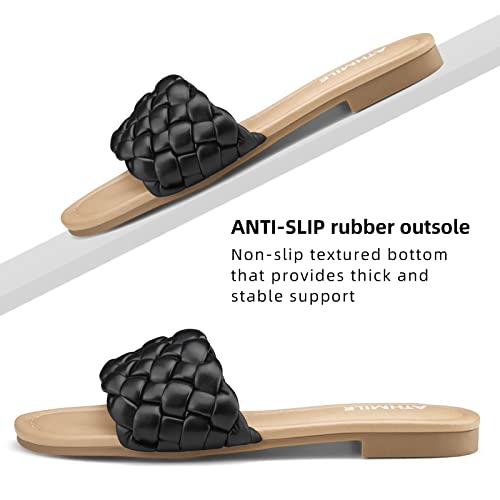 Image of ATHMILE Braided Sandals for Women, Open Toe Flat Summer Slides, Nude Sandal | Woven braided upper with round open toe design, lightweight flat style for beach trips, vacations, and summer outfits.