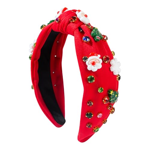 pVq Christmas Headband for Women Red Knotted Headband with Christmas Tree Crystal Pearl Snowflake Ribbon Xmas Holiday Hairband (Santa Claus - Red)